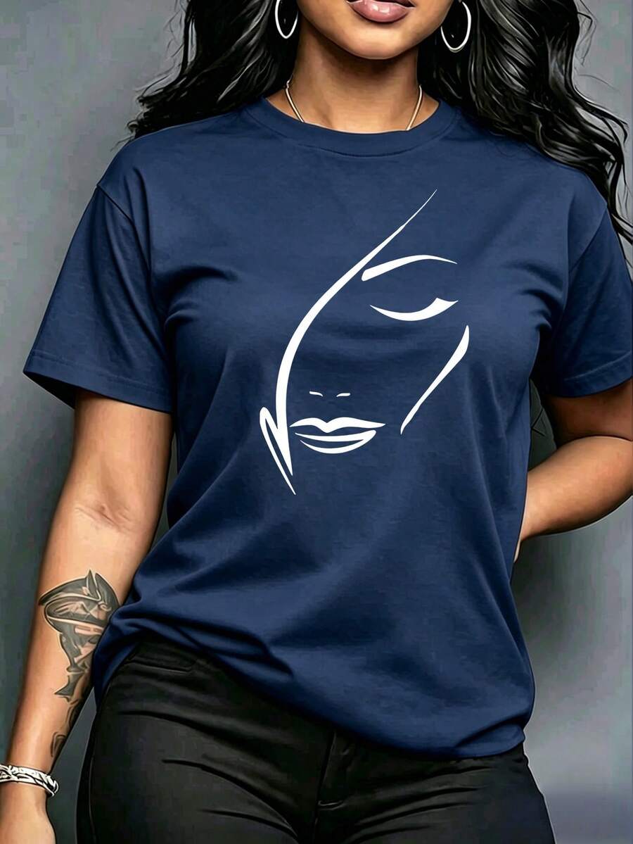 Playera Casual Mujer "Rostro Femenino Minimalista" - Azul Marino con Estampado de Líneas Elegantes