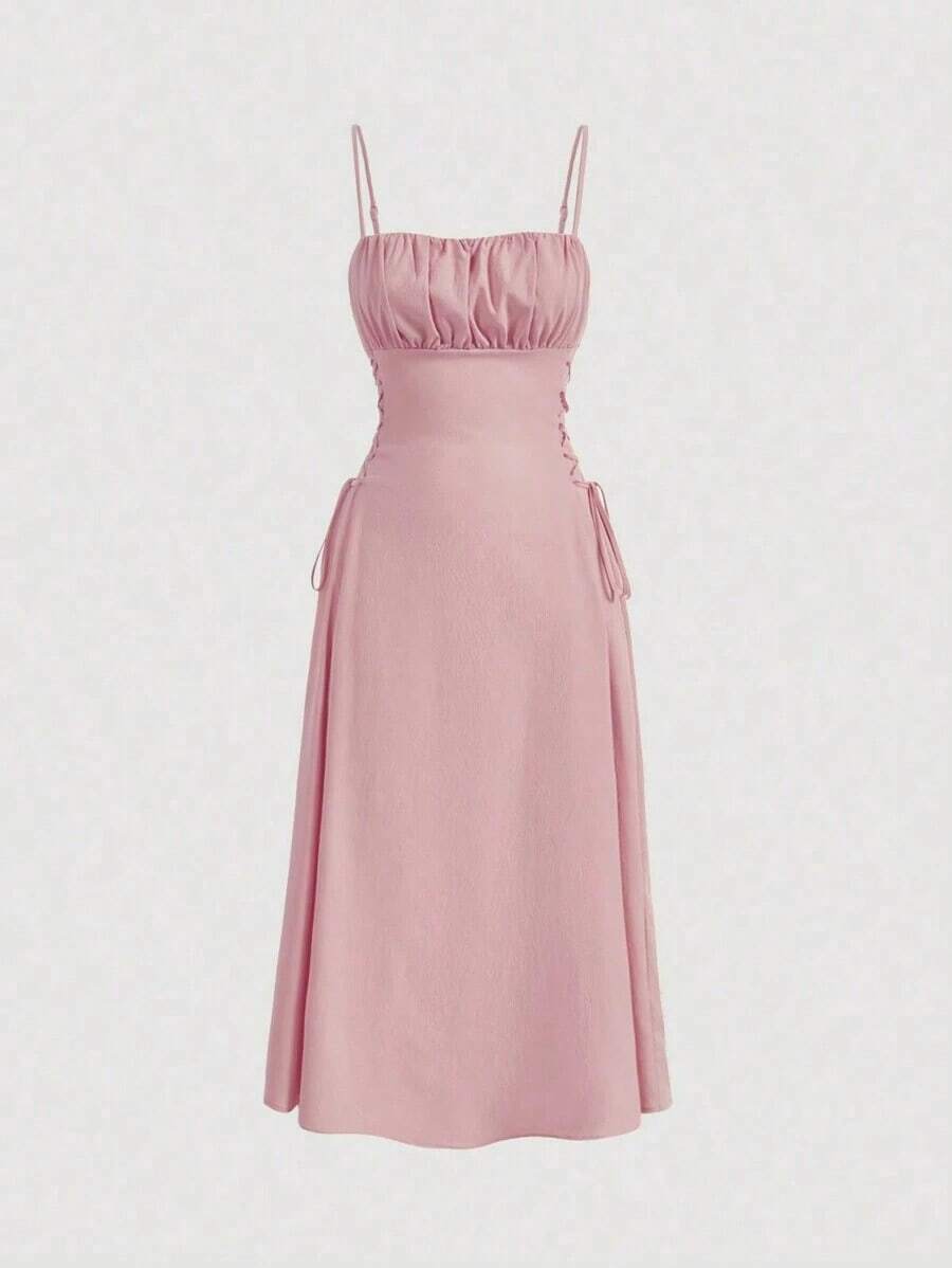 Vestido de tirantes unicolor pecho con fruncido con cordón lateral - Rosa - Ver 1