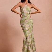 Summer Romantic Women's Green Floral Print Elegant Chiffon Open Shoulder Halter Long Dress,Vintage,Prom Dress,Dresses For Wedding,Mother's Day,Festival Dresses,Elegant Dresses For Women,Luxury Evening Dress For Women,Chic Evening Dress,Fringe Dress,Party Dress,Vacation Outfits Women,Summer Outfits For Women,Chic - Verde - Ver 5