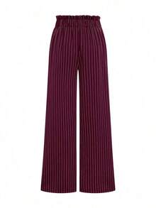 Pantalones de mujer de mezcla de algodón a rayas cómodos, de cintura alta, elegantes y de moda, de alta gama, con pliegues, cintura elástica, rectos, sueltos y de pierna ancha, adecuados para primavera/otoño, uso diario y versátiles - Burdeos - Ver 4