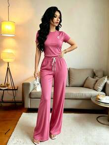 el mejor regalo para el Día de la Madre:Conjunto deportivo de mujer con top corto de manga corta y pantalones acampanados con cintura anudada, para primavera/otoño - Rosa vieja - Ver 3