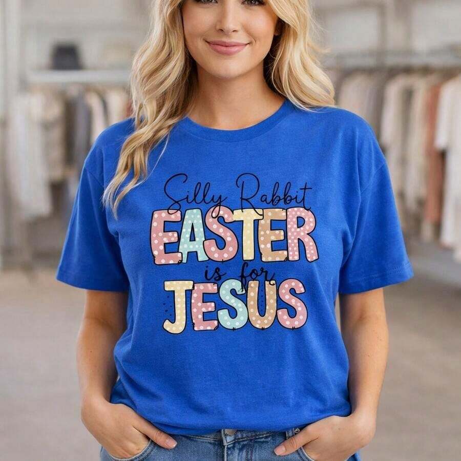 Camiseta de algodón con estampado gráfico de Pascua para mujer, talla grande, con la impresión "Silly Rabbit Easter Is For Jesus", corte holgado, manga corta, tallas M-5XL, camiseta casual para días festivos y ocasiones cristianas, tela de algodón suave y cómoda, atuendo para el Domingo de Pascua en la iglesia. - Azul - Ver 1