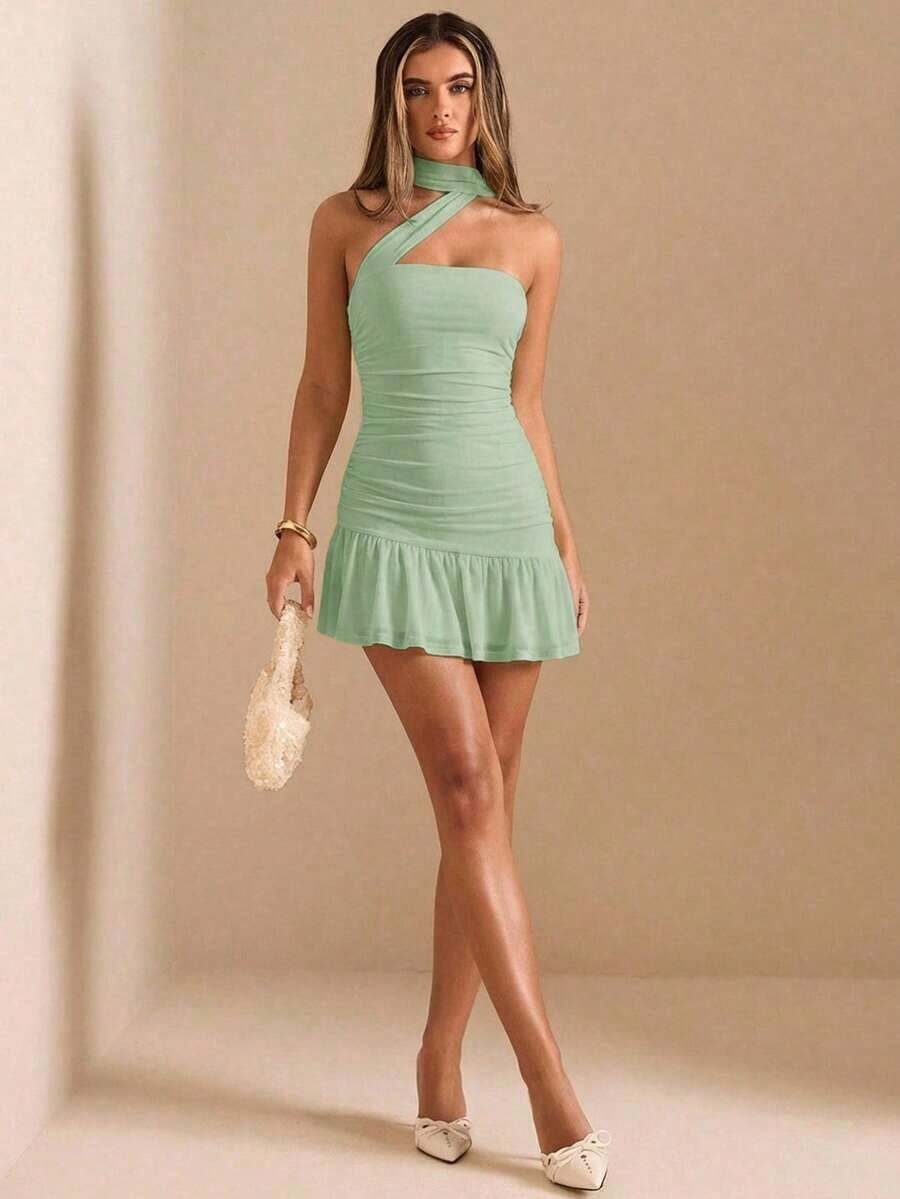 Vestido mini con volantes en el bajo, color amarillo sólido - verde menta - Ver 1