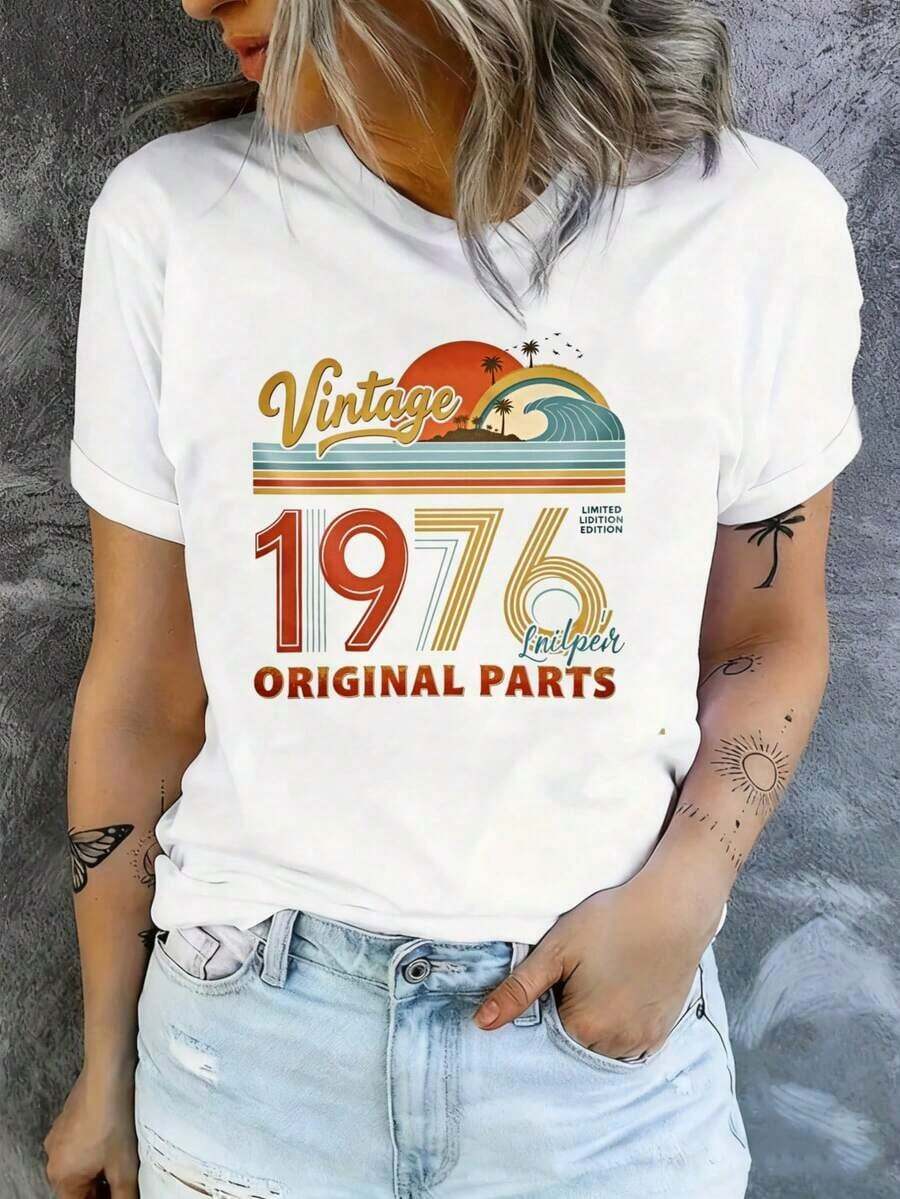 Original Vintage 1976 Birthday Graphic Print Camisole, Short Sleeves, Round Neck, Casual Style For Summer And Spring, Women's Clothing With Fun Print, Short Sleeve Camisole For Women, Suitable For: Sporting Events/Festive Parties/Hiking/Exercise And Other Holiday Gifts (220g). Breathable And Comfortable - 白色 - 查看 1