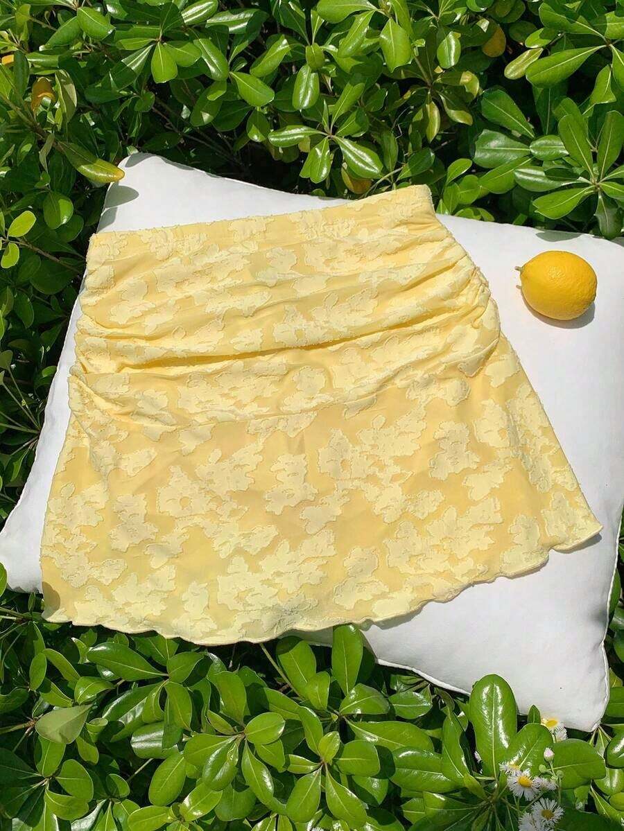 Minifalda acampanada fruncida con estampado de lunares para el verano - Amarillo 2 - Ver 1