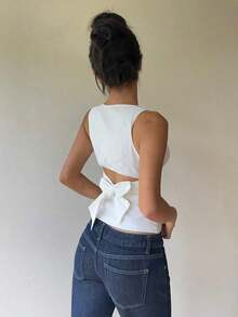 2 piezas Camisa sin espalda con lazo y cuello redondo sin mangas para mujer, Top estilo Y2K, adecuado para ir al trabajo, salidas, vacaciones, Paquete de 2 tops sin mangas para mujer, Top sin mangas para mujer, Conjunto de 2 piezas para mujer, Blus - Blanco 4 - Ver 1
