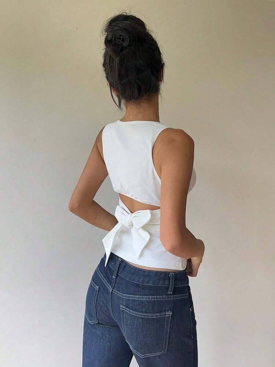 2 piezas Camisa sin espalda con lazo y cuello redondo sin mangas para mujer, Top estilo Y2K, adecuado para ir al trabajo, salidas, vacaciones, Paquete de 2 tops sin mangas para mujer, Top sin mangas para mujer, Conjunto de 2 piezas para mujer, Blus - Blanco 4 - Ver 1