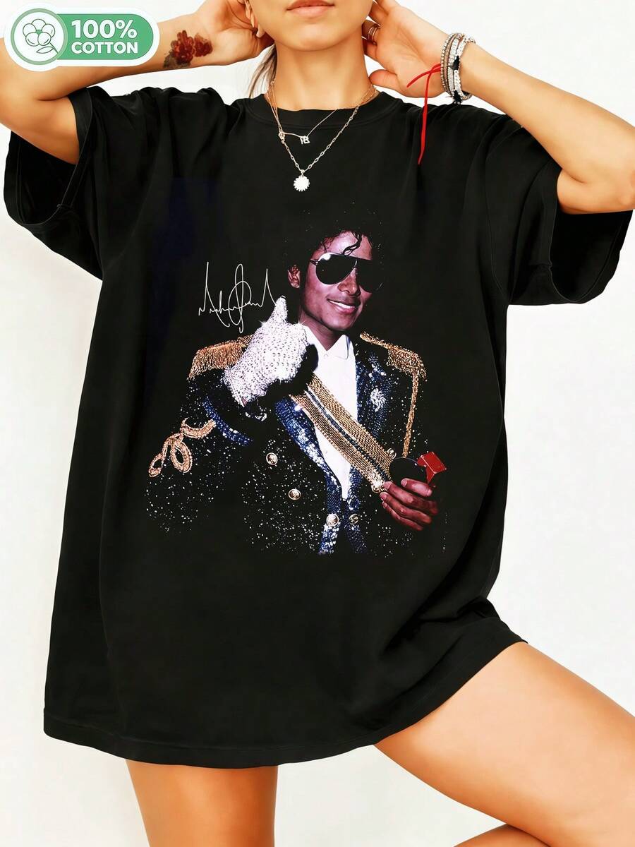 100% Cotton Graphic T-Shirt, King Of Pop Retro Concert Signature T-Shirt, Casual Short Sleeve Crew Neck Top For Fans, Oversized Streetwear Black. - Black - View 1