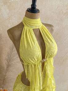 Blusa de mujer con encaje bordado, escote halter, espalda descubierta, tirantes con lazo, bajo fluido y elegante, adecuada para la playa, cruceros y resorts - Amarillo - Ver 3
