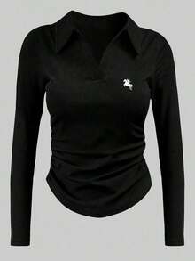 Camiseta blanca de manga larga para mujer con estampado de cerezas rojas dulces, cuello polo, cintura ajustada.Perfecta para el otoño.Nuevo estilo, camiseta de moda.Regalo para vacaciones, regalo para hermanos, regalo para hermana, regalo para mamá, regalo para el Día de la Madre.Informal, minimalista, top con estilo. - Negro - Ver 6