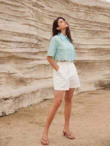 Blusa elegante con bordado de margaritas al azar y calado - Agua verde azul - Ver 2