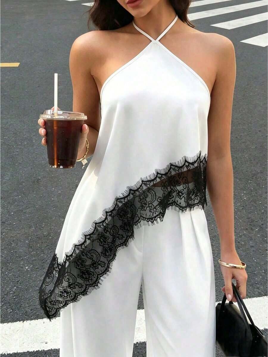 Camiseta de tirantes finos y sin mangas casual y sexy para mujer, camisola de satén con bajo asimétrico de malla, adecuada para citas nocturnas, vacaciones, despedidas de soltero y fiestas de cumpleaños en verano - Blanco - Ver 1