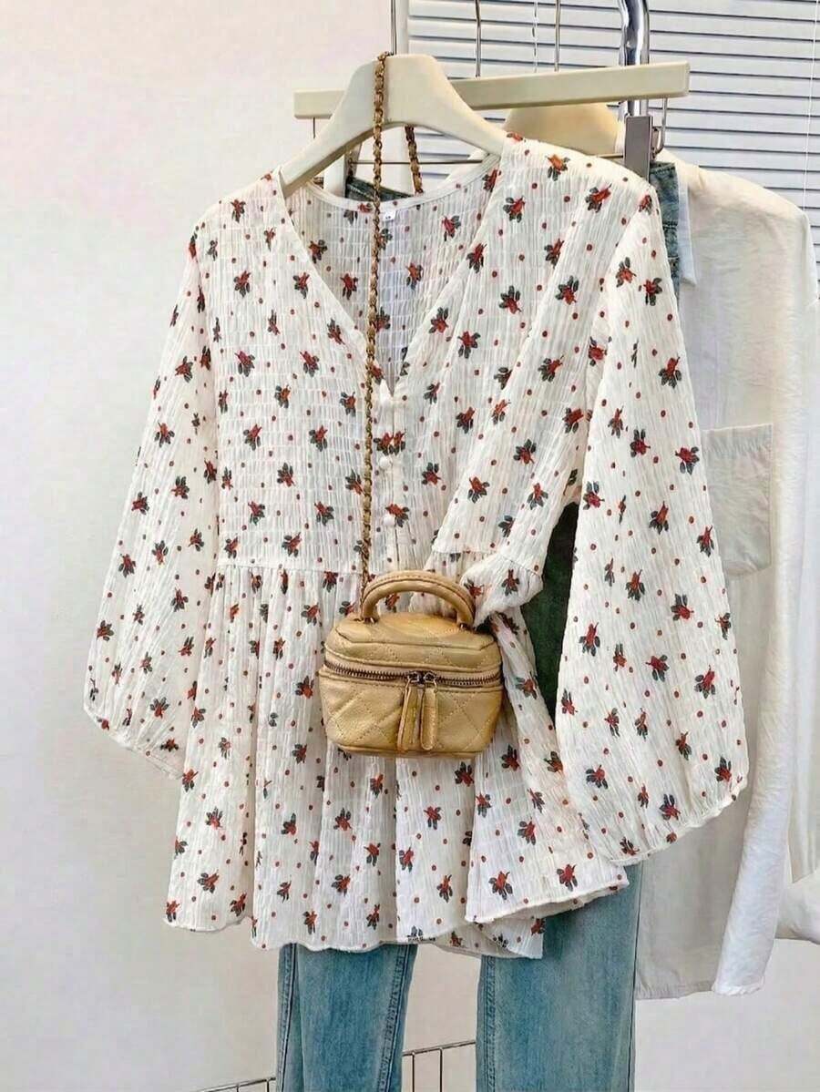 Blusa de mujer con cuello en V de gasa con estampado floral romántico, manga farol, corte holgado y silueta favorecedora, adecuada para uso casual, de calle y de oficina en vacaciones de verano - Rojo - Ver 1