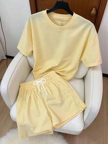 Conjunto de 2 piezas para mujer, top holgado de manga corta, shorts holgados cómodos, conjunto a rayas, bordado de limón, éxito de de verano - Multicolor - Ver 3