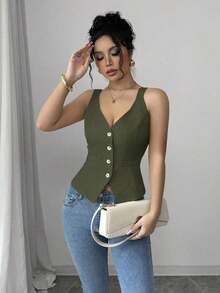Camiseta sin mangas de un solo pecho de unicolor casual para mujer - Verde militar - Ver 7