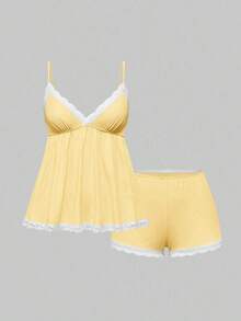 Conjunto de pijama casual de camiseta de tirantes acanalada y shorts con encaje - Amarillo - Ver 9