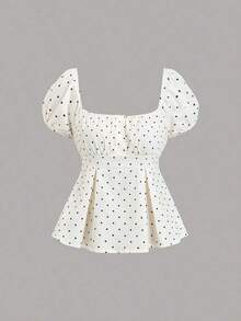 Sweetro Blusa de mujer con cuello en V, manga de pétalos y lunares blancos, estilo francés para primavera/verano - Albaricoque 2 - Ver 4
