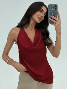 ajustado de mujer de cuello halter con efecto drapeado en un bloqueo de colores minimalista y elegante - Burdeos - Ver 5