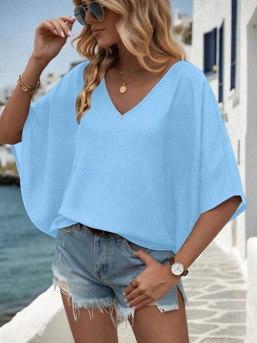 Camisa de manga de murciélago de unicolor casual, verano - Celeste - Ver 1