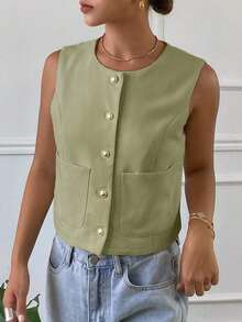 Chaqueta ajustada sin mangas de cuello redondo de unicolor para mujer, primavera/verano - Verde - Ver 3