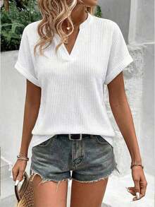 Camiseta suelta de mujer de manga de murciélago con escote en pico, de tela texturizada de unicolor, para verano y vacaciones - Blanco - Ver 4