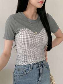 Camiseta de mujer de manga corta con bloqueo de color de empalme envuelto, Crop Tops de mujer a cuadros - Gris - Ver 6