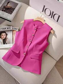 Camisa sin mangas de unicolor y estilo minimalista con botones para mujer - Rosa Fucsia - Ver 5
