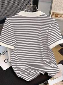 Camiseta de manga corta con cuello de polo a rayas casual de verano para mujer - Multicolor - Ver 2