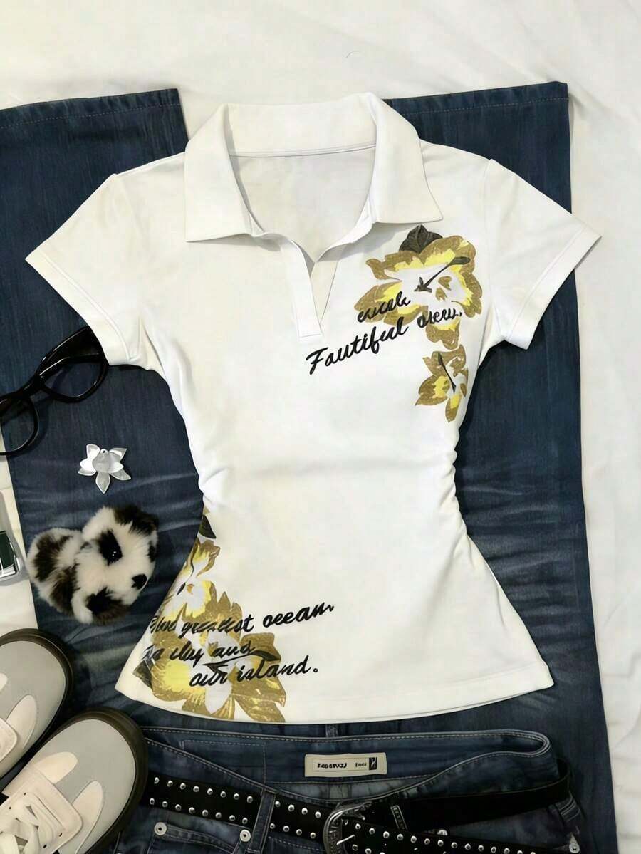 Camiseta casual de mujer con ribete de contraste y cintura fruncida, para verano - Multicolor - Ver 1