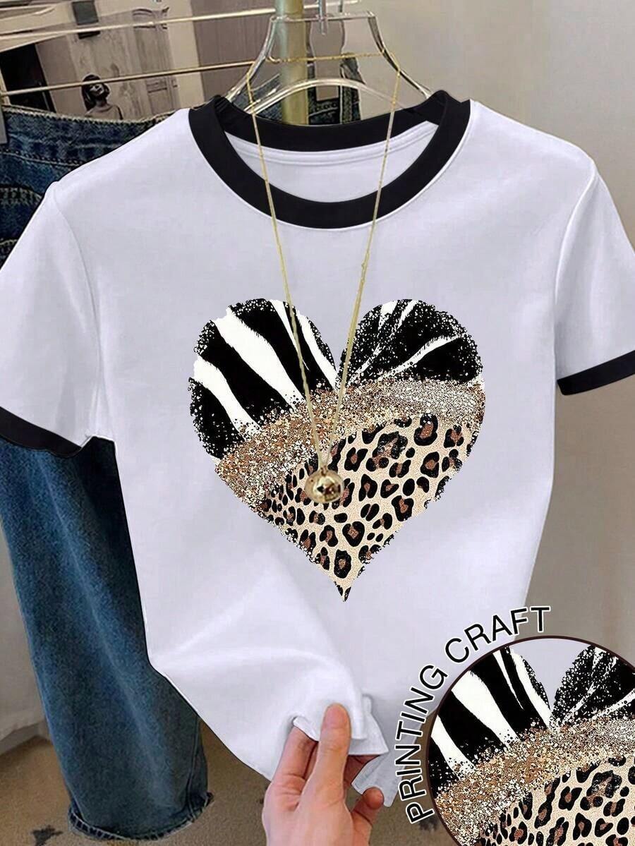Camiseta casual de mujer con estampado de leopardo, patrón de corazón y bloqueo de color en cuello redondo - Blanco 4 - Ver 1