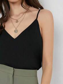 Top de camiseta sin mangas de color negro unicolor, uso casual de negocios, camiseta de otoño - Negro 2 - Ver 3