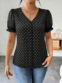 Blusa de gasa con estampado de lunares francés de moda para mujer, diseño elegante y elegante de manga corta con volantes para el verano - Negro 2 - Ver 4