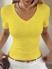 Camiseta de manga corta de unicolor casual para mujer, verano - Amarillo 3 - Ver 1