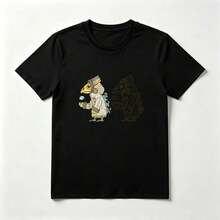Playera Algodón Estampado Pájaro con Cascos y Cubo - Diseño Futurista Divertido - Negro - Ver 1