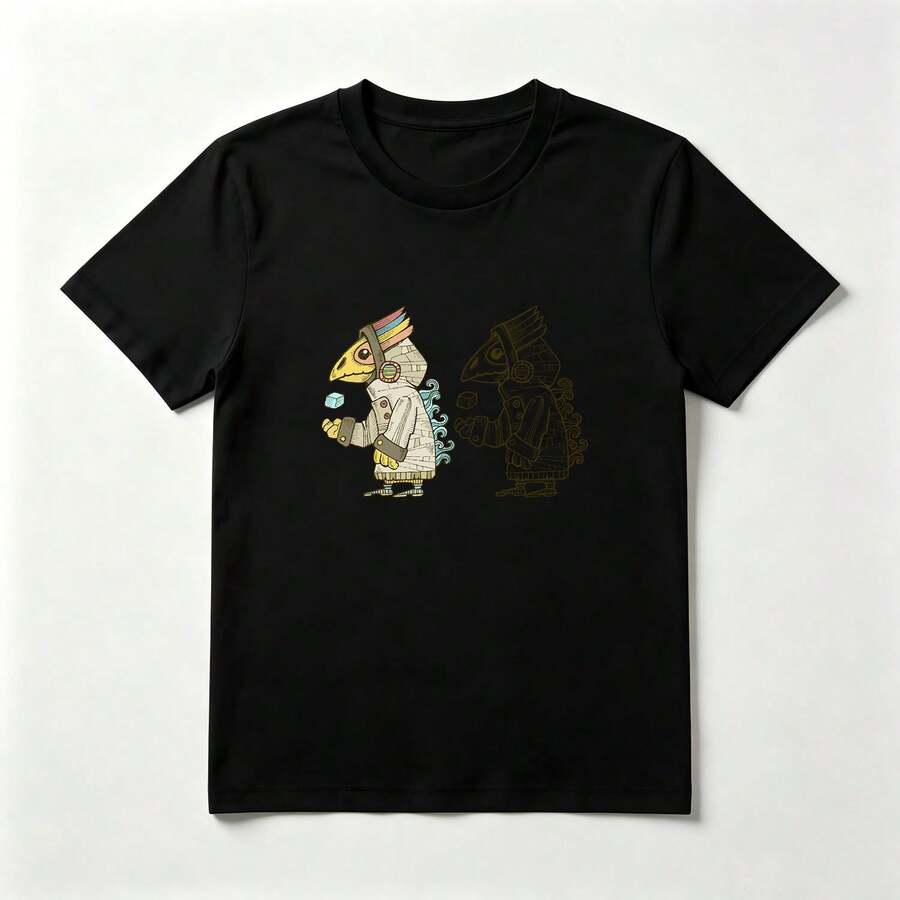 Playera Algodón Estampado Pájaro con Cascos y Cubo - Diseño Futurista Divertido - Negro - Ver 1