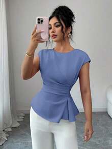 Conjunto de primavera para mujer para exteriores, adecuado para Año Nuevo, Día de San Valentín, Pascua, Día de la Madre, fiesta de Oriente Medio, boda, elegante vacación romántica francesa, lugar de trabajo, blusa sin mangas con cintura ceñida y v - Niebla azul - Ver 7
