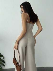 Nueva llegada Primavera/Verano Elegante Top casual de lino color albaricoque con cintura fruncida, bajo asimétrico y espalda descubierta - Albaricoque - Ver 2
