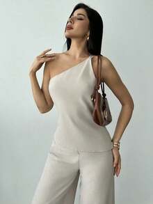 Nueva llegada Primavera/Verano Elegante Top casual de lino color albaricoque con cintura fruncida, bajo asimétrico y espalda descubierta - Albaricoque - Ver 3