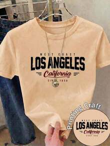 Camiseta de manga corta con cuello redondo y estampado gráfico de Los Ángeles, California, para mujer, estilo casual y urbano. BJDB - Albaricoque - Ver 2