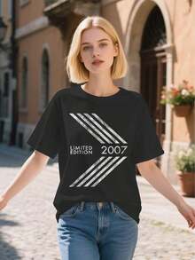 Camiseta Vintage de Gran Tamaño para Mujer, Edición Limitada del 18º Aniversario de 2007 - Con Estampado Gráfico, Corte Holgado Casual, Cuello Redondo, Diseño del Año 2007 para Ropa Casual y Celebración de Aniversario, Para Todas las Temporadas (Estilo Unisex para Hombres y Mujeres) - Negro - Ver 1