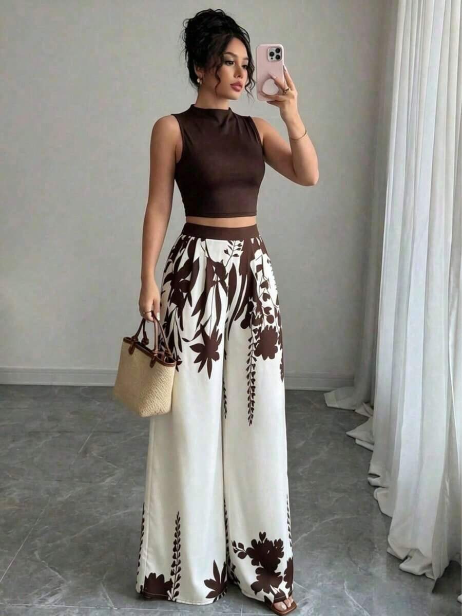 Nuevo conjunto casual de top y pantalones de color contrastante, pantalones anchos de cintura alta elegantes y sueltos, ropa de mujer de ajuste ceñido para primavera, verano y otoño de vacaciones - Marrón - Ver 1