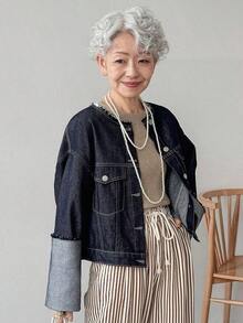Chaqueta vaquera casual y versátil con botones delanteros sueltos para mujeres, chaqueta vaquera corta para mujeres, chaqueta de jean corta, chaqueta de jean oversize para mujeres - Azul - Ver 4