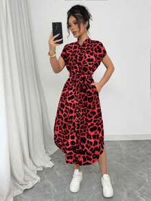 Vestido largo de manga corta para verano 2025, nuevo, con bolsillo, abertura lateral, cinturón y lazo, estampado de leopardo, para uso casual y de viaje - Rojo - Ver 7