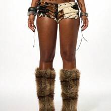 WOMEN Halloween Cow Print Faux Fur Booty Shorts With Black Leather Fringe Details Festival Party Micro Shorts - Beis - Ver 7