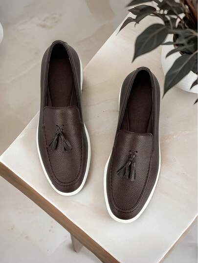 Men's Tassel Loafers In Textured | Slip-On Casual Shoes With White Sole