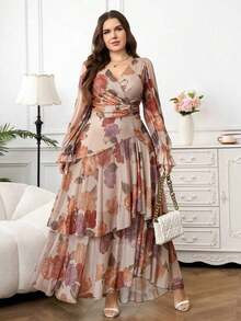 Reflora Nuevo vestido largo de mujer de talla grande con estampado floral, volantes en el bajo, cintura ceñida y alta elasticidad, vestido de otoño, vestido con volantes, vestido floral - Multicolor 3 - Ver 6