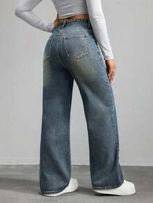 Unity Jeans de mezclilla de pierna ancha recta de diseño simple con cintura alta para mujeres a la moda - Azul lavado medio 4 - Ver 2