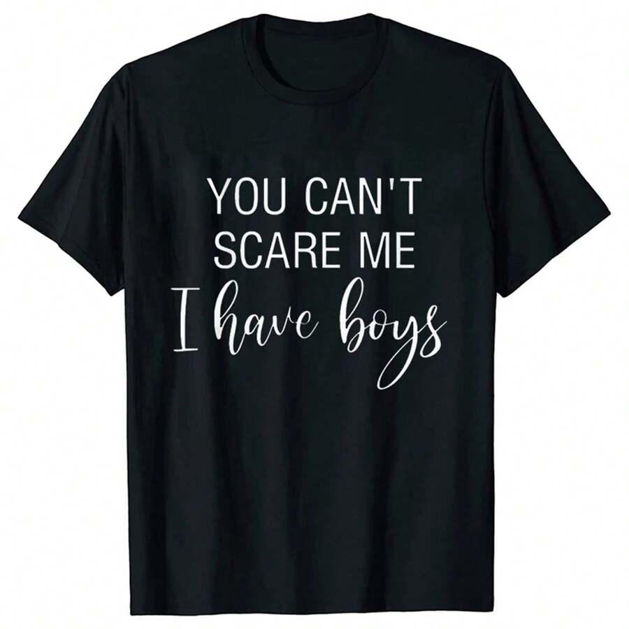 Camiseta informal de manga corta para mujer, de tejido de punto, con estampado de eslogan divertido. - Negro - Ver 1