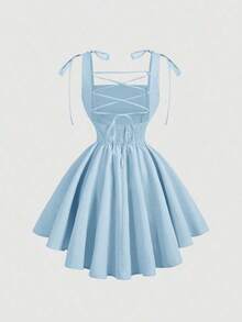 Vestido rosa romántico con espalda descubierta y lazo, adecuado para citas, fiestas, vacaciones, meriendas de té y ocasiones de cumpleaños - Celeste - Ver 2