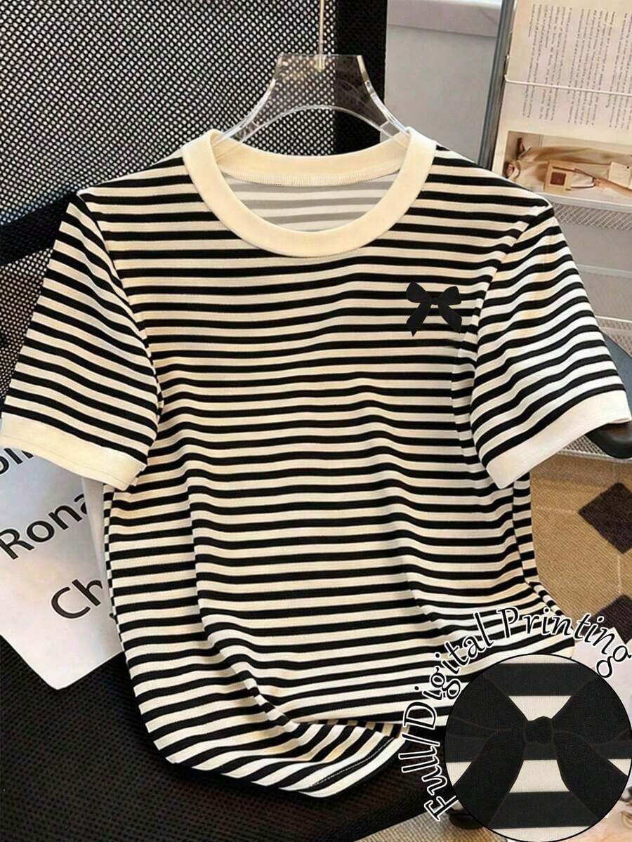 Camiseta de manga corta de cuello redondo casual con estampado de rayas y contraste de color para mujer, verano - Multicolor 5 - Ver 1